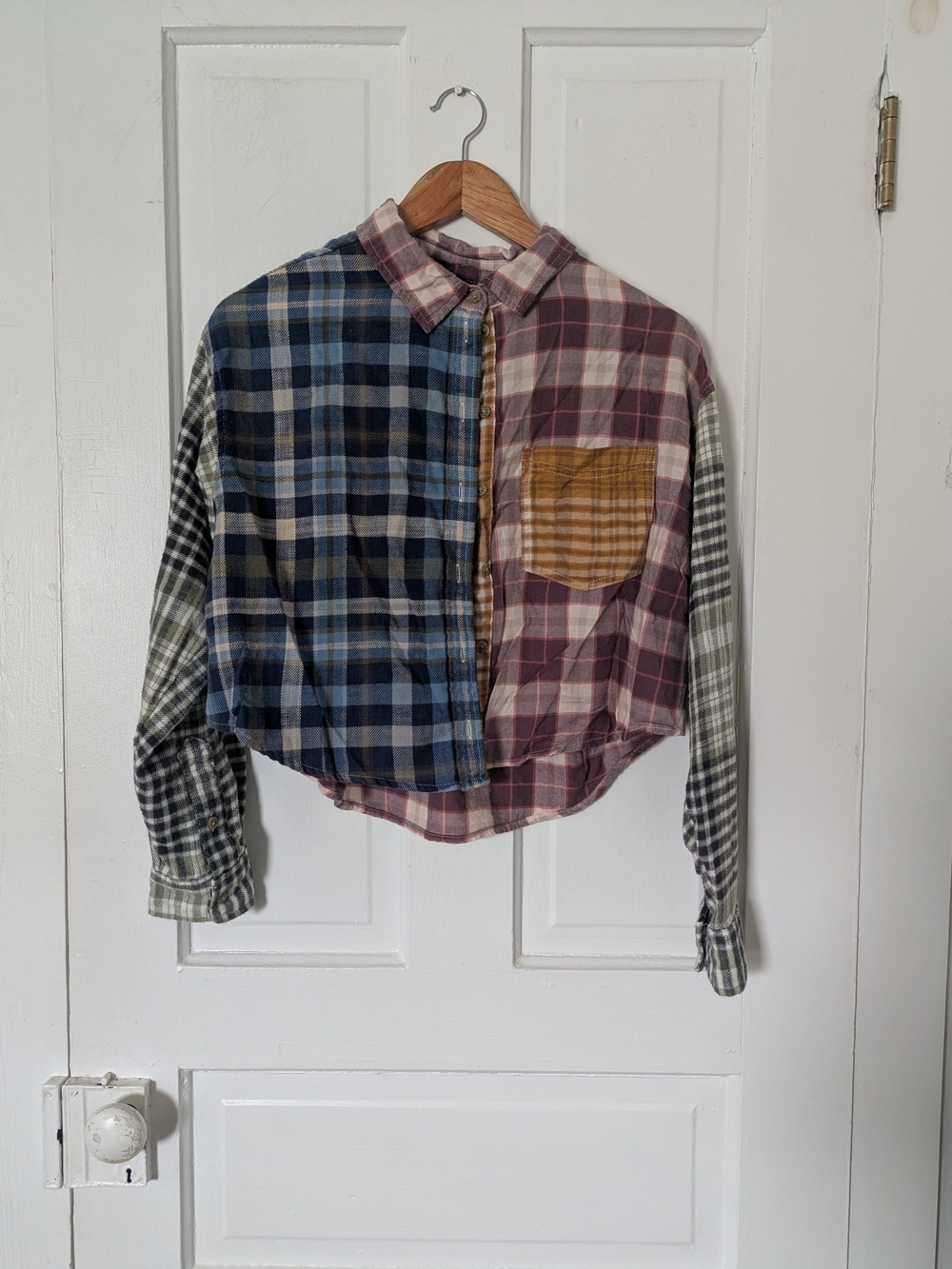 Men's Patchwork Plaid Button-Up Shirt - Blue, Burgundy & Mustard
